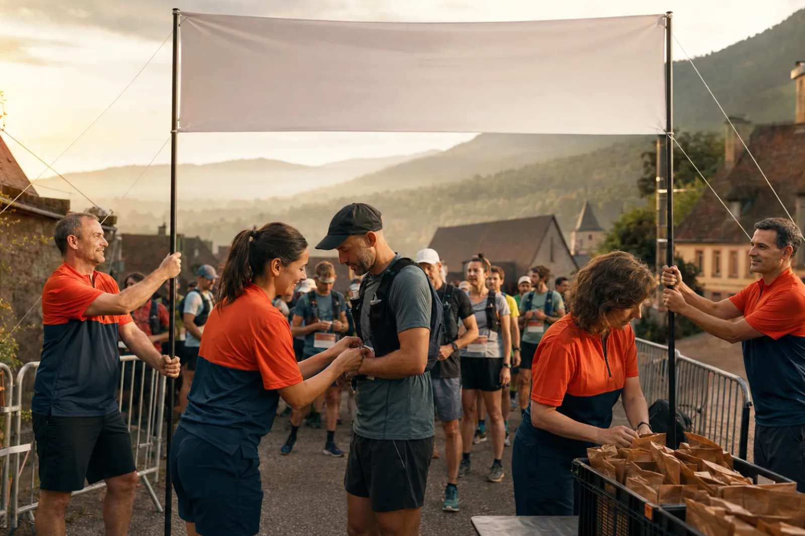 Bénévoles et organisateurs au départ d’un trail local