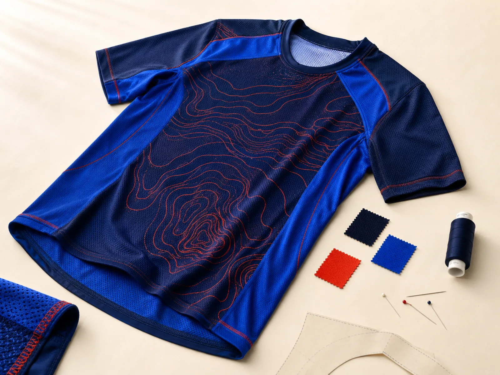 Maillot de trail bleu et vermillon conçu sur mesure avec ses échantillons textiles
